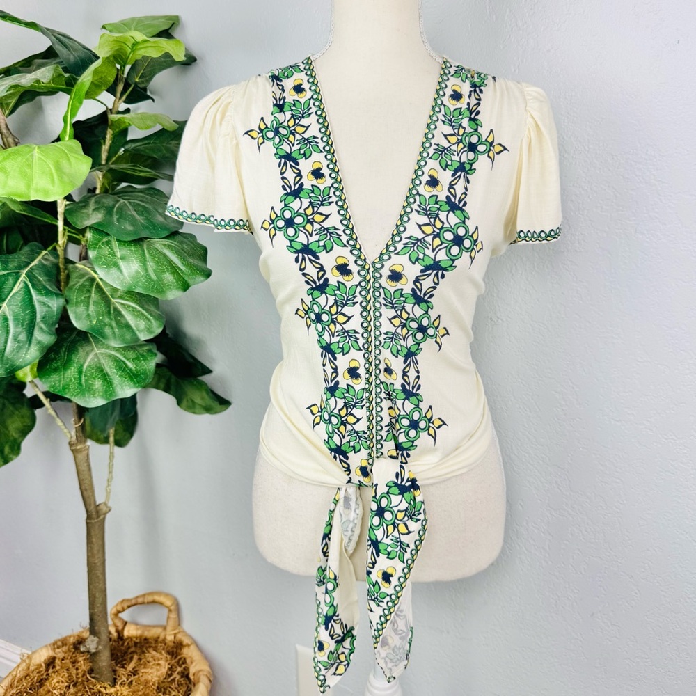 NEW Max Studio Cream Floral Blouse with Tie Front